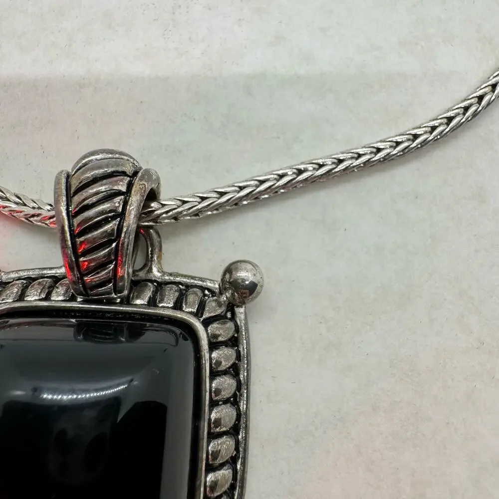 Vintage Premier Designs Silver Tone Black Stone Pendant Chain Necklace Stamped